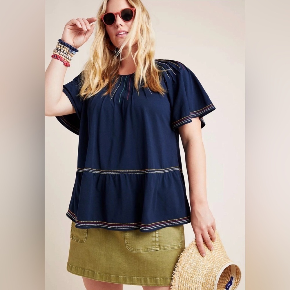Anthropologie Maeve Chamonix Embroidered Cotton Swing Top Navy XL